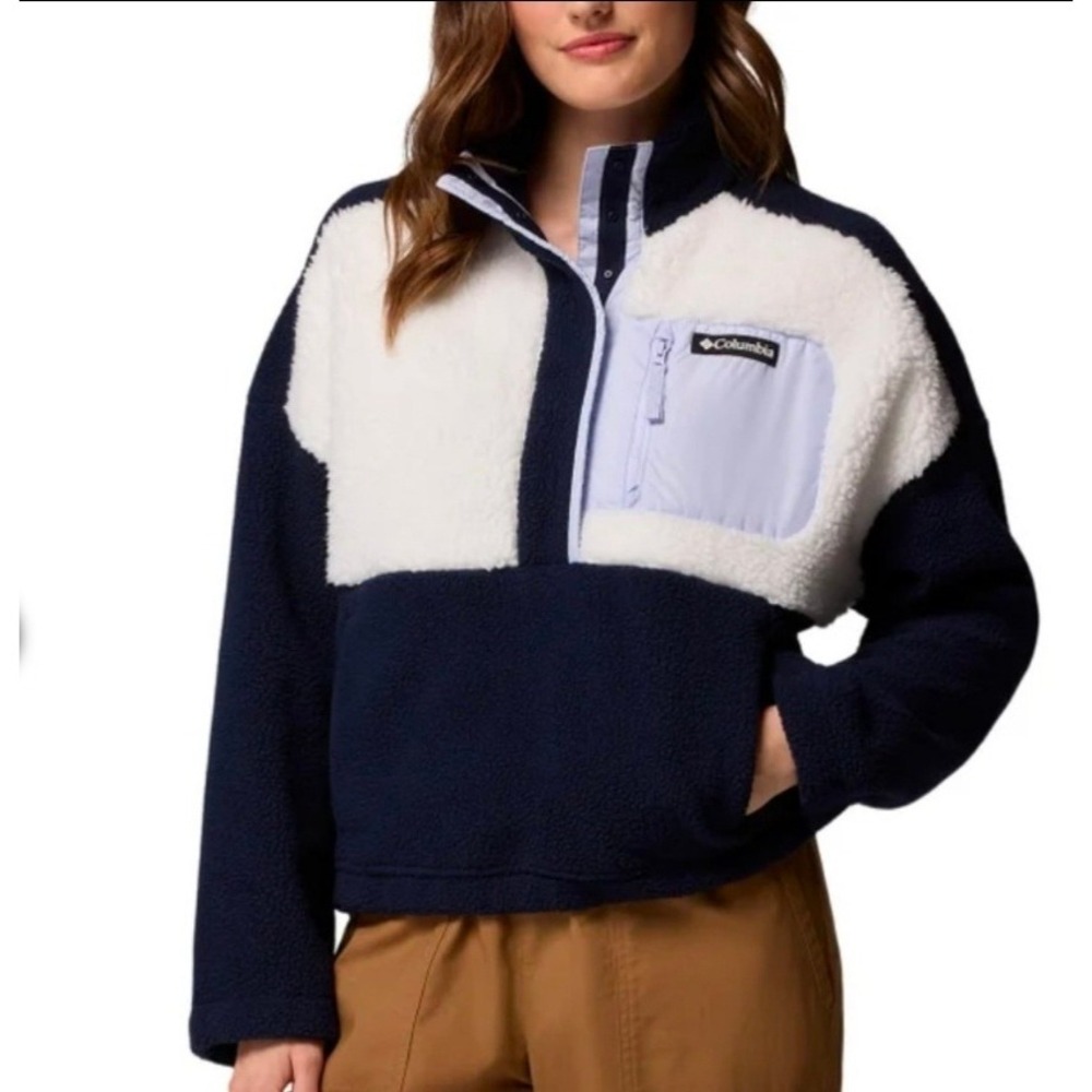 Columbia Half Zip Sherpa Fleece Pullover Navy White Colorblock Size M